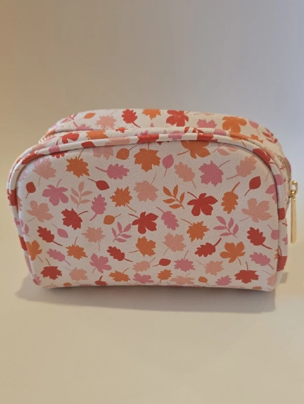 Leaf-Print Cosmetic Pouch — Pink & Orange